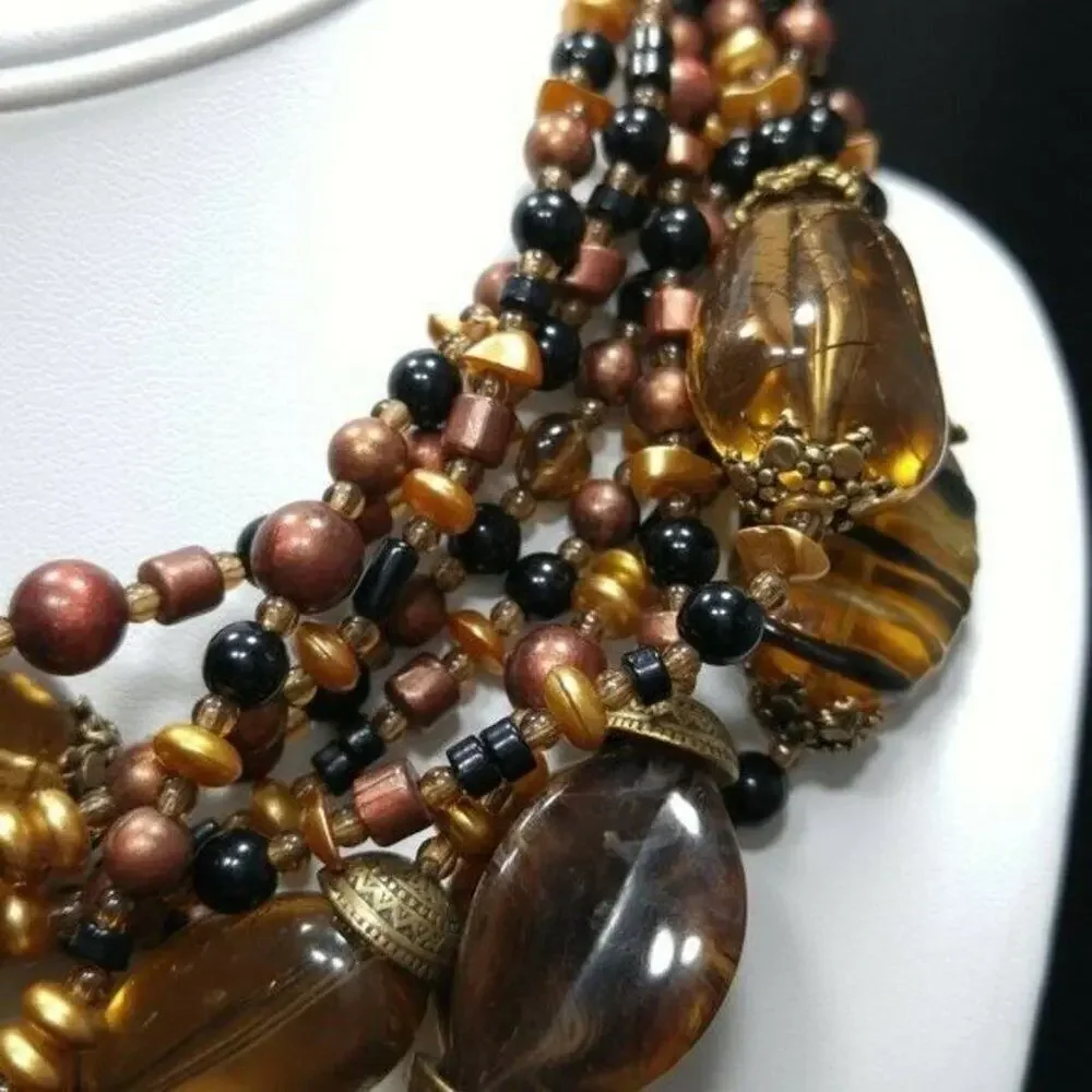 Chico's Lucite Multi-Strand Beaded Necklace, 9 Strand, Brown Black Gold, 20 Inch